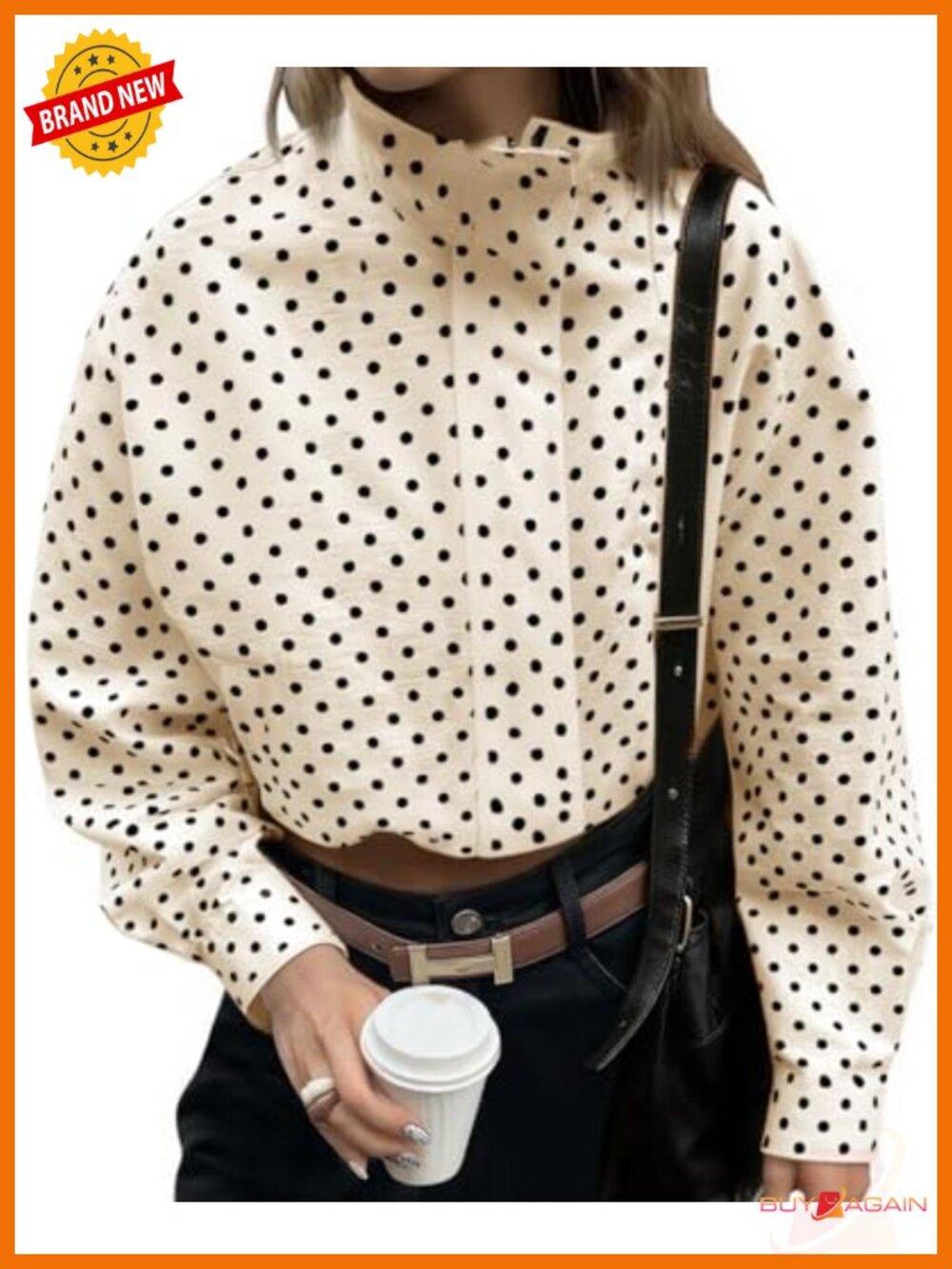 Womens Polka Dot Zip Up Cropped Jacket Oversized Lightweight Polyester Spandex